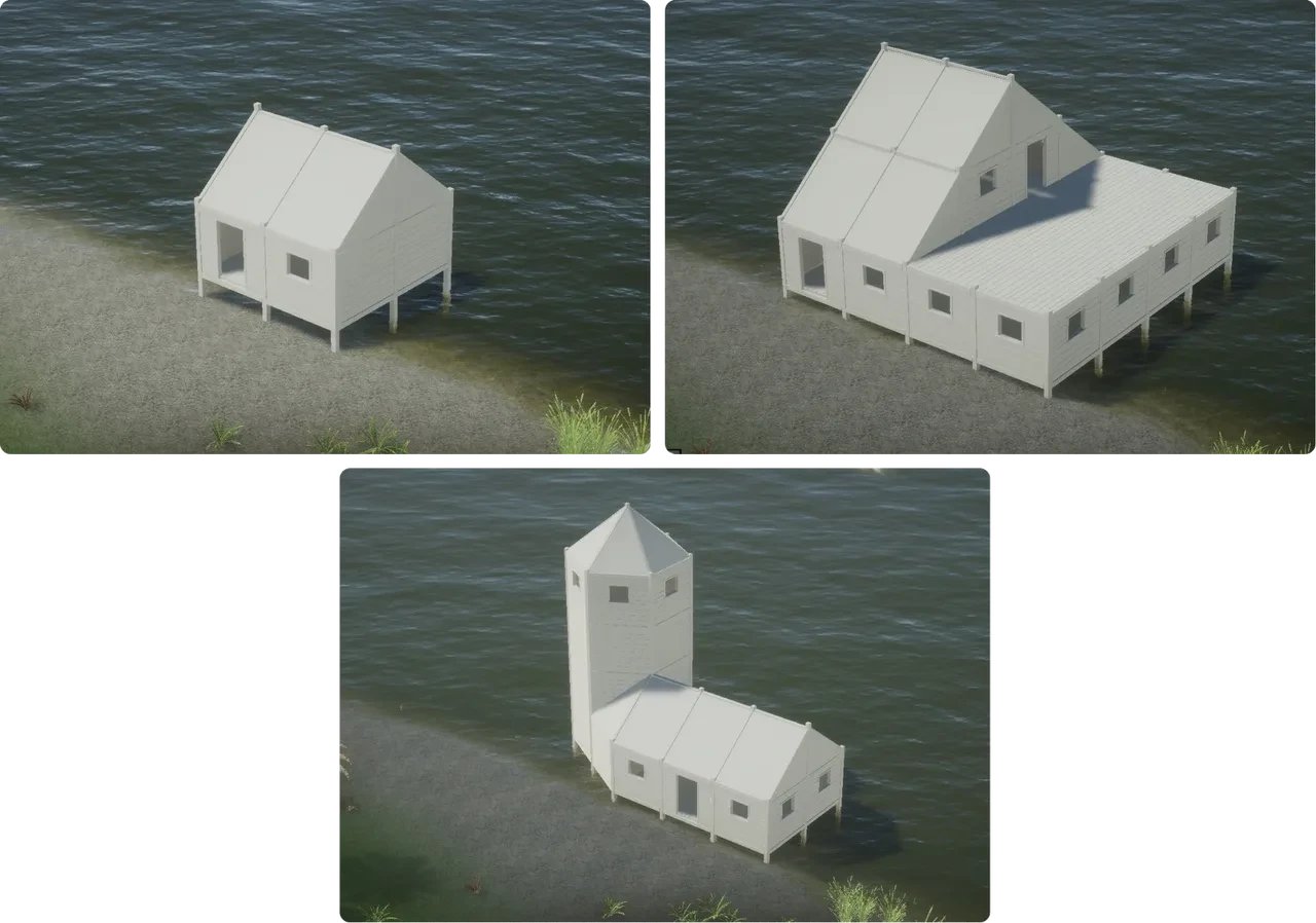 3D rendered structures on water — small house and expanded multi-room building