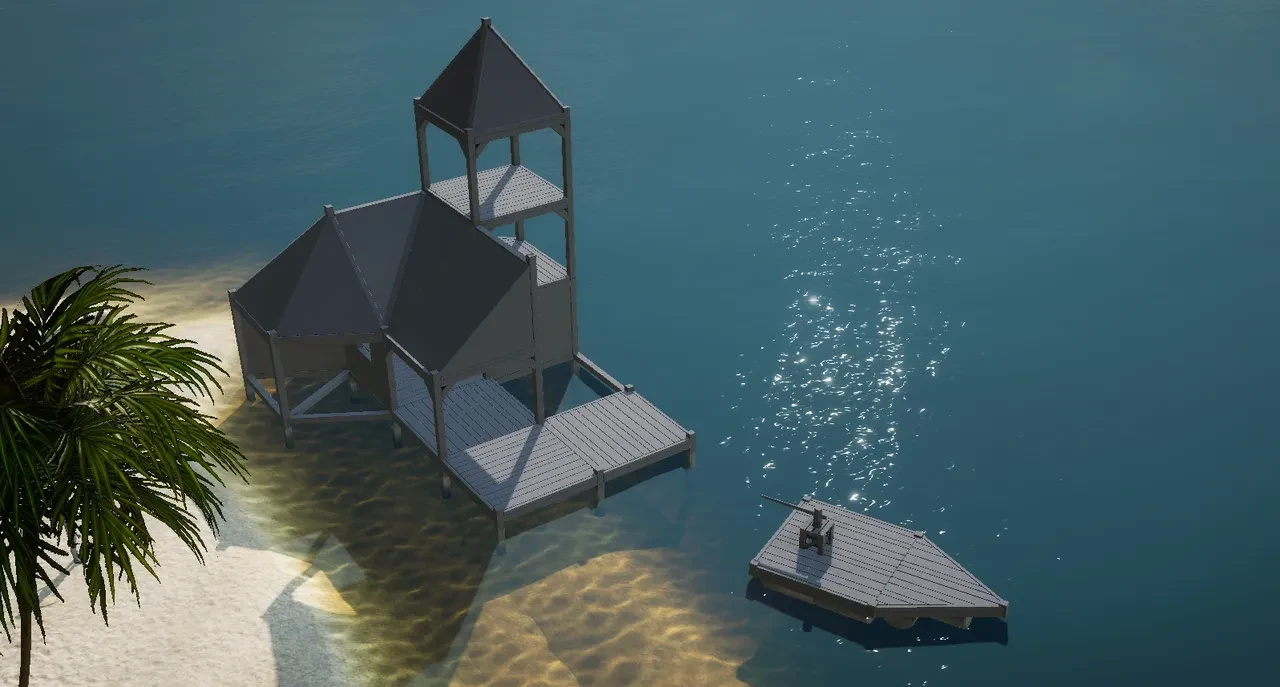 3D rendered dock structure with tower on water — building system showcase