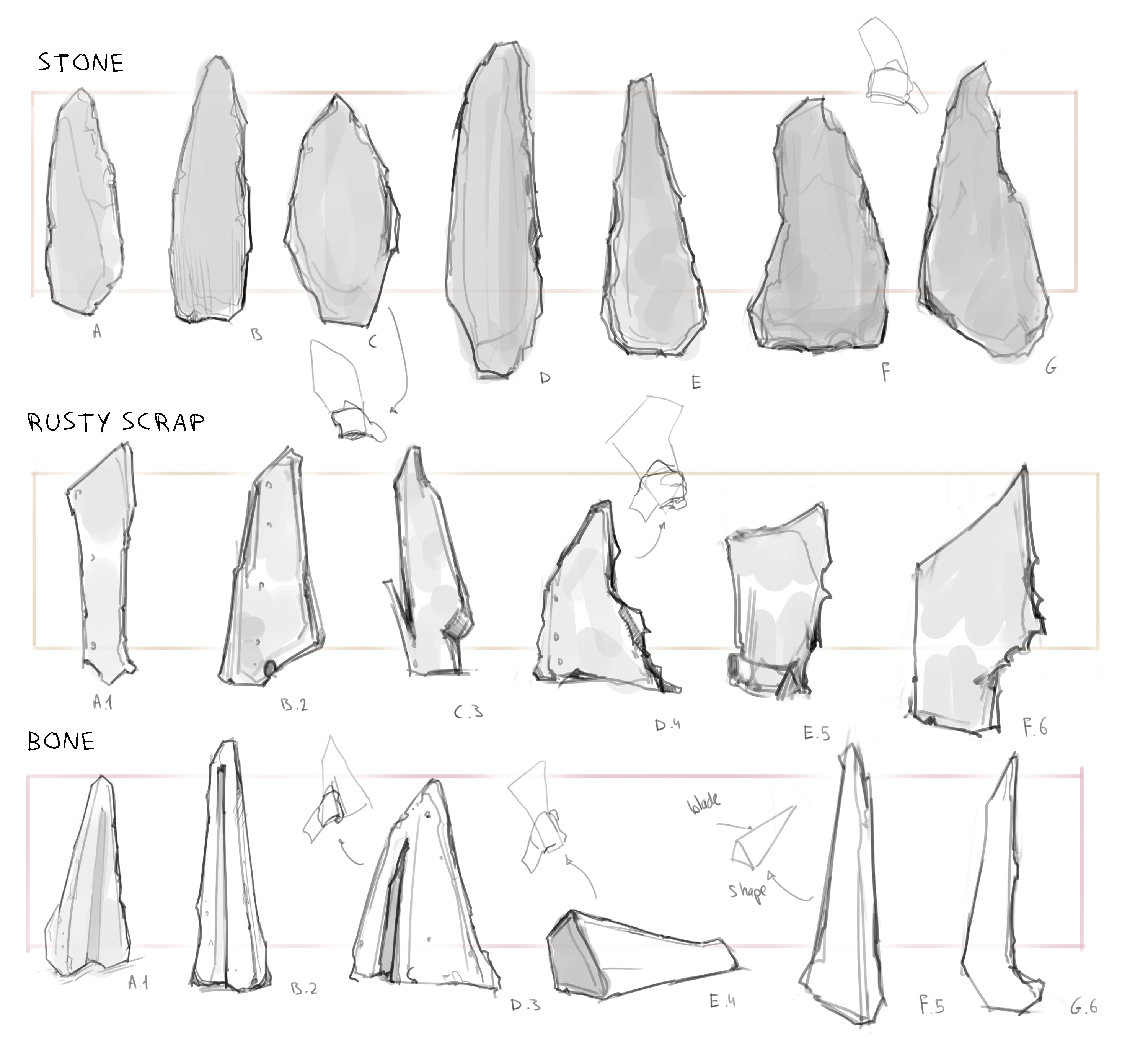 Early shape exploration sketches for the knife in Stranded Deep 2