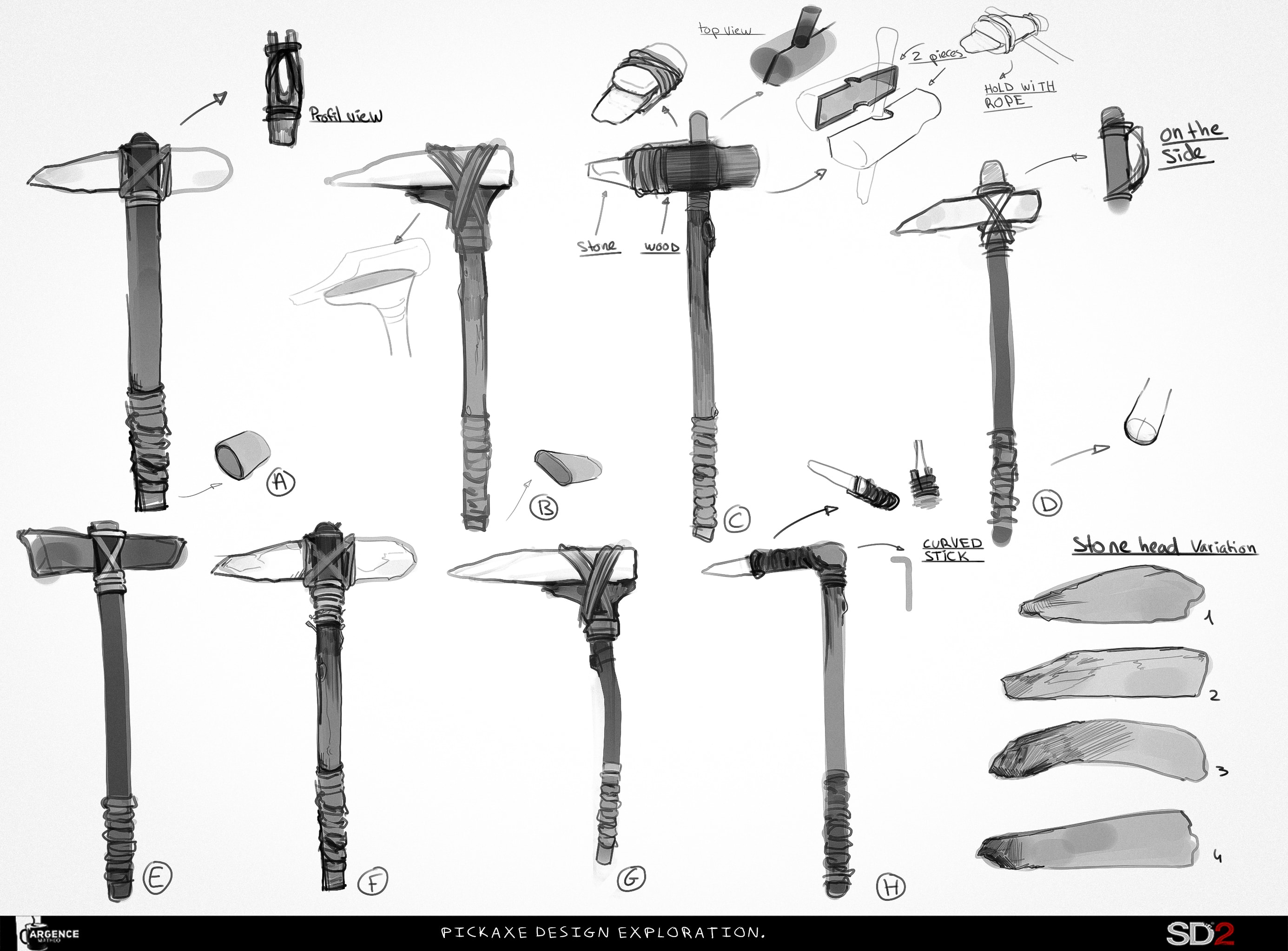 Early shape exploration sketches for the pickaxe in Stranded Deep 2