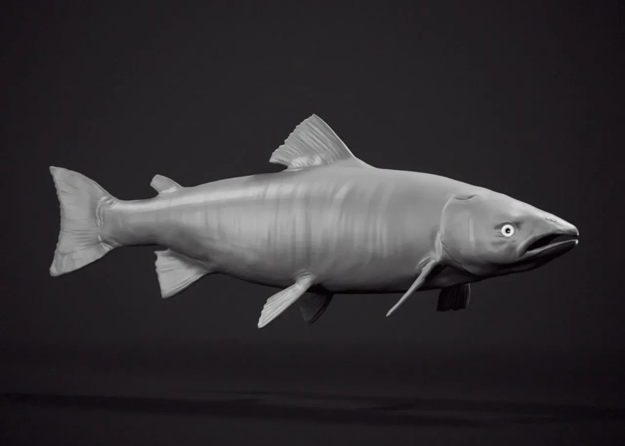 Fish creature sculpt — early blockout model, clearly thrilled to be here